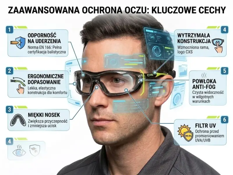 Przezroczyste okulary robocze CXS MARGAY - założone na twarz modela z nałożoną infografiką w stylu futurystycznego interfejsu HUD, wskazującą sześć kluczowych cech produktu (m.in. odporność na uderzenia, powłoka anti-fog, filtr UV) - wycięte na białym tle studyjnym.