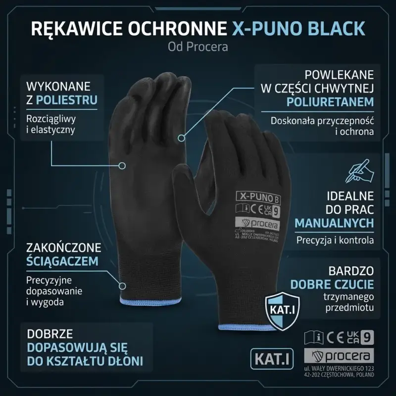 Infografika X-PUNO BLACK Procera: materiał, powłoka i cechy rękawic